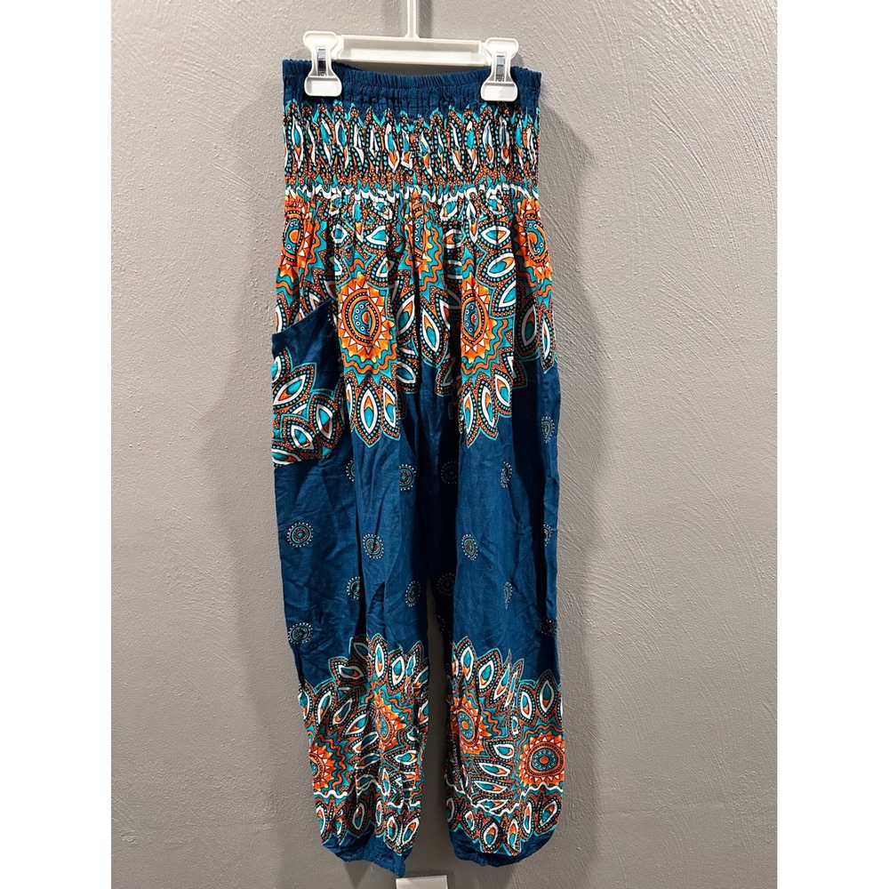 Banjamath Women Teal Blue Orange Mandala Print Smocked Harem Yoga Pants Medium